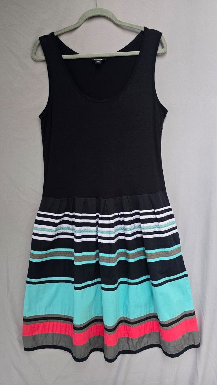 DKNY Dress Womens 14 Black Multicolor Stripe Scoop Neck Sleeveless Fit Flare